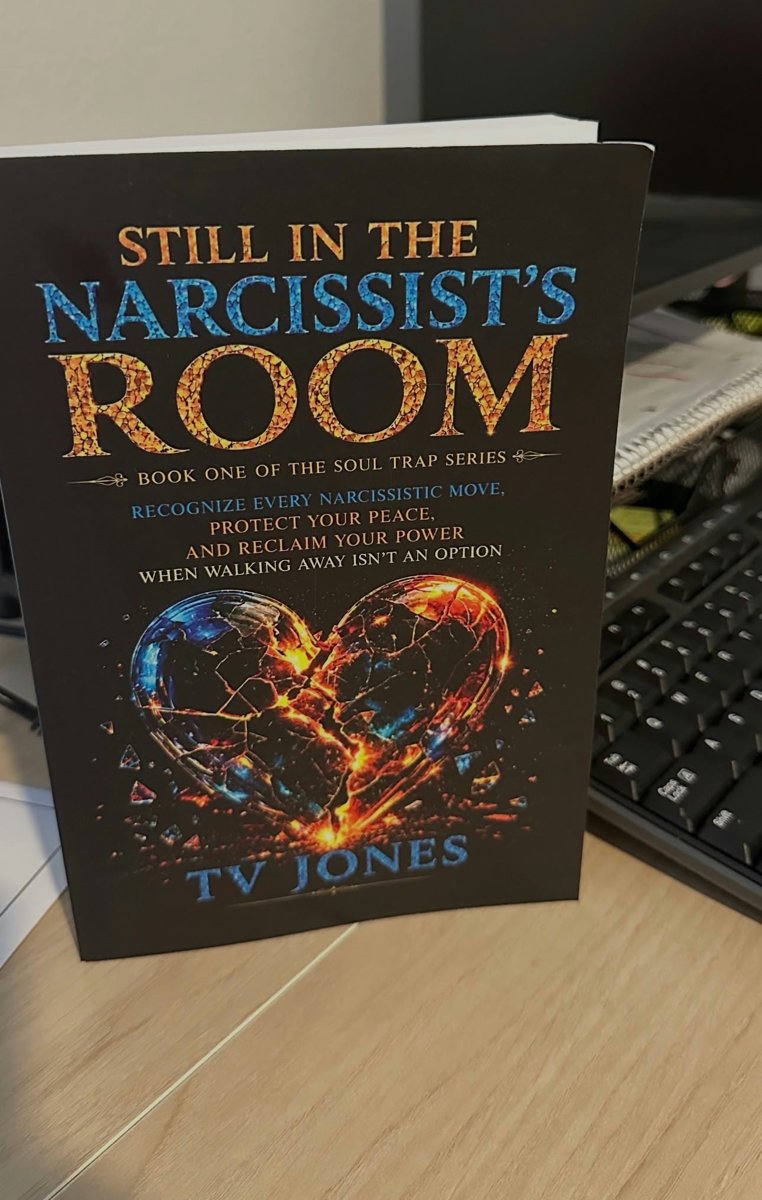 A reader’s copy of Still In The Narcissist’s Room next to a keyboard