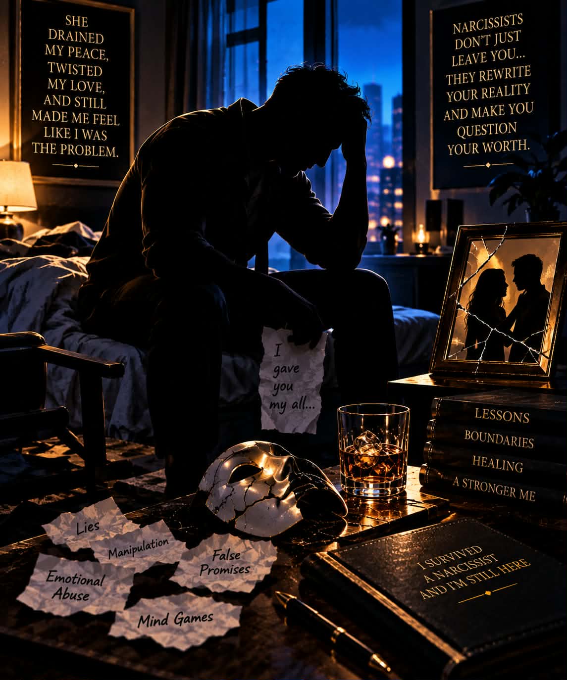 A person sitting alone in the aftermath of a relationship with a narcissist, processing what was left behind