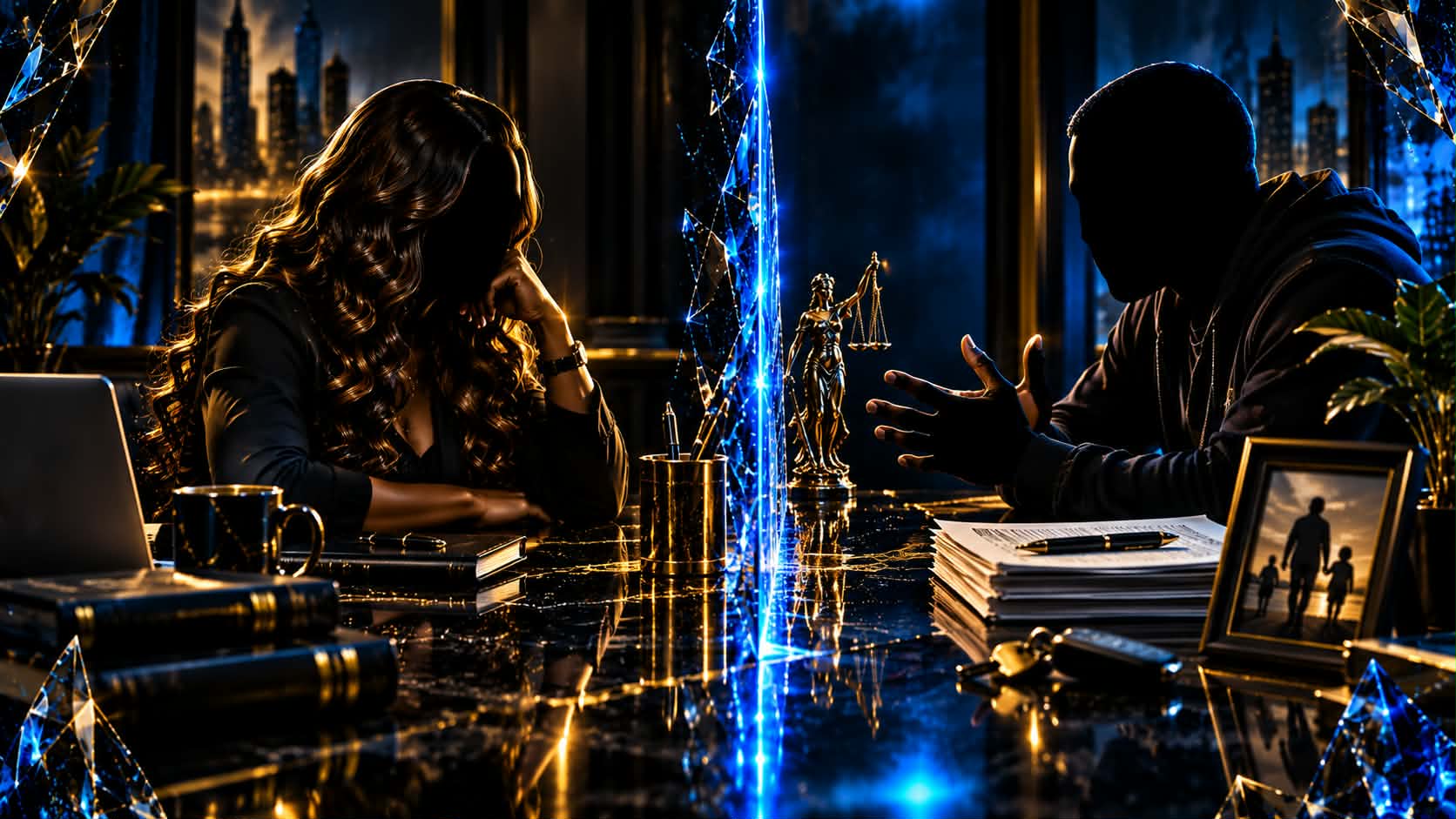 A woman and a man across a table with the scales of justice between them — co-parenting and court-ordered contact with a narcissist