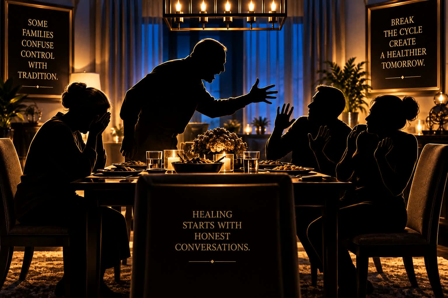 A tense family gathered around a dinner table, illustrating how some families confuse control with tradition