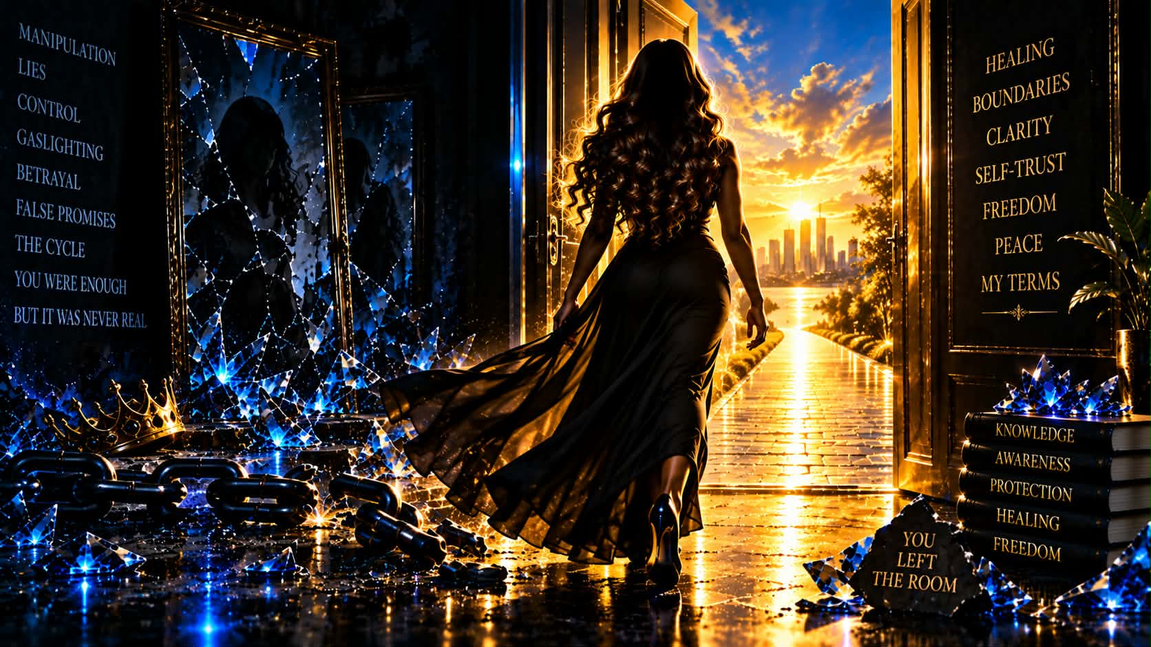 A woman walking out of a doorway toward the light, symbolizing healing, boundaries, and freedom from manipulation