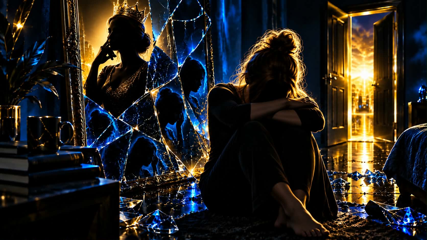 A woman sitting on the floor before a shattered mirror that reflects a crowned figure, a doorway of light behind her