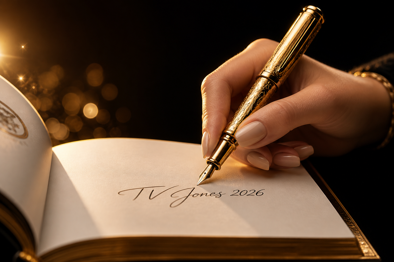 A woman’s manicured hand personally autographing a hardcover book ‘TV Jones 2026’ with a gold pen — a limited edition signed copy